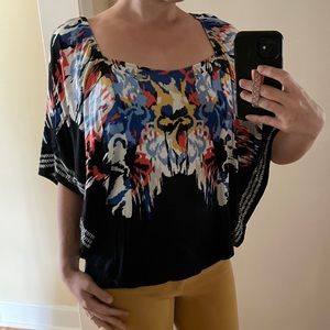 Black Top with Wide Sleeves and Colorful Abstract Painted Design